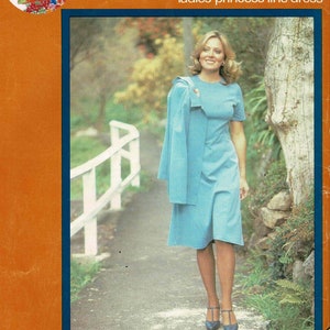 May include: A vintage sewing pattern for a princess line dress. The pattern is for sizes 6 to 22 and is from the brand Knitwit.