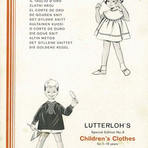 May include: A vintage magazine cover with illustrations of children's clothing. The cover features drawings of a girl and a boy, alongside text in multiple languages. The text reads "Children's Clothes for 1-10 years."