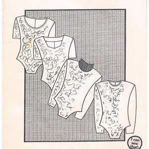 May include: A sewing pattern for bodysuits, sizes 6-22. The pattern includes four different styles of bodysuits, each with a unique neckline and sleeve length. The pattern is from Knitwit, a company that sells sewing classes, patterns, and fabrics.