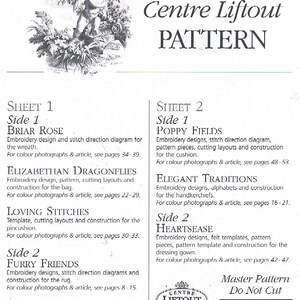 May include: A black and white image of a pattern sheet for embroidery projects. The sheet includes instructions for making a wreath, a bag, a pincushion, a rug, a cardigan, a cushion, handkerchiefs, and a dressing gown. The sheet is titled "Centre Liftout Pattern" and includes the text "Master Pattern Do Not Cut".