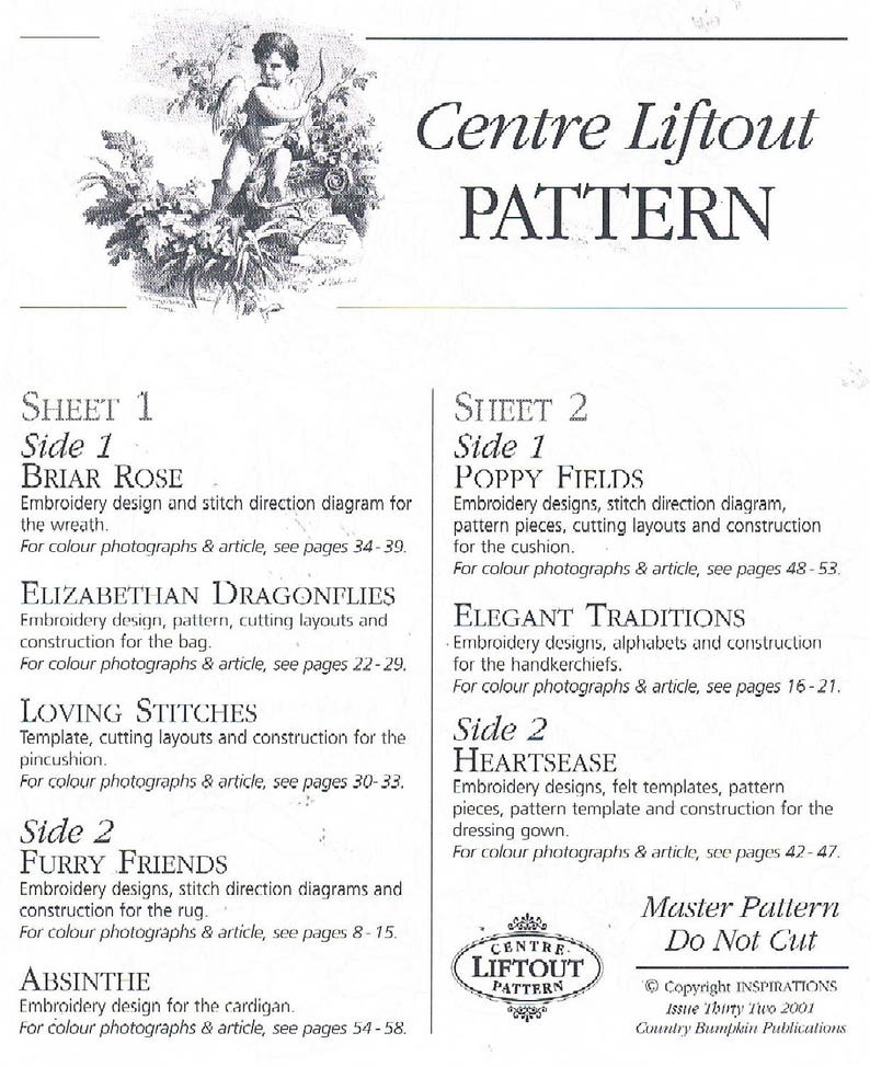 May include: A black and white image of a pattern sheet for embroidery projects. The sheet includes instructions for making a wreath, a bag, a pincushion, a rug, a cardigan, a cushion, handkerchiefs, and a dressing gown. The sheet is titled "Centre Liftout Pattern" and includes the text "Master Pattern Do Not Cut".