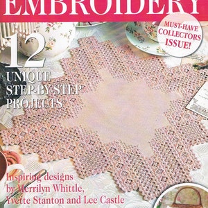 May include: A magazine cover featuring a pink and white embroidered doily with the title "Hardanger & Drawn-Thread Embroidery" and the text "12 Unique Step-by-Step Projects".