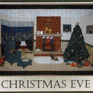 May include: A framed image depicting a Christmas Eve scene with a decorated tree, fireplace, and a cityscape visible through a window. The image includes a Christmas tree, presents, stockings, and a dog. Text on the image reads "Christmas Eve".