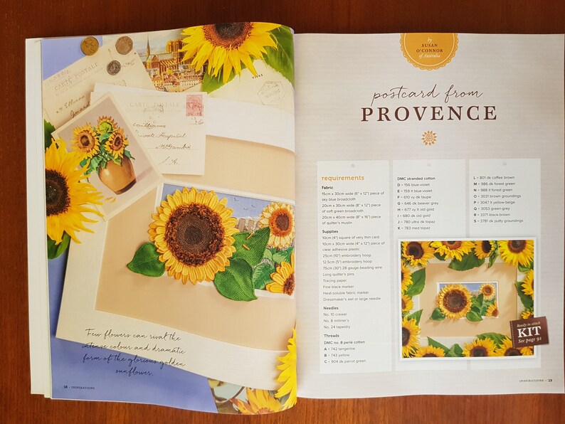 Puede incluir: Una p&aacute;gina de revista que presenta un proyecto de bordado de girasoles. La p&aacute;gina incluye una ilustraci&oacute;n detallada de girasoles, una paleta de colores e instrucciones. El texto "postcard from PROVENCE" es visible.