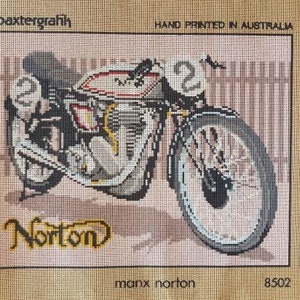 May include: A cross-stitch pattern of a vintage Norton motorcycle, with the word "Norton" printed below the image. The motorcycle is white with a red and black seat, and the background is a light beige colour. The image is framed in a brown wood frame. The text "HAND PRINTED IN AUSTRALIA" is printed above the image, and the text "manx norton 8502" is printed below the image.