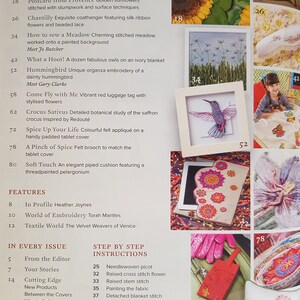 Puede incluir: Una p&aacute;gina de revista con proyectos de bordado. Las im&aacute;genes incluyen un colibr&iacute; enmarcado, un girasol, una funda para tableta con dise&ntilde;os florales y un coj&iacute;n con un motivo floral. El texto incluye t&iacute;tulos de proyectos e instrucciones.