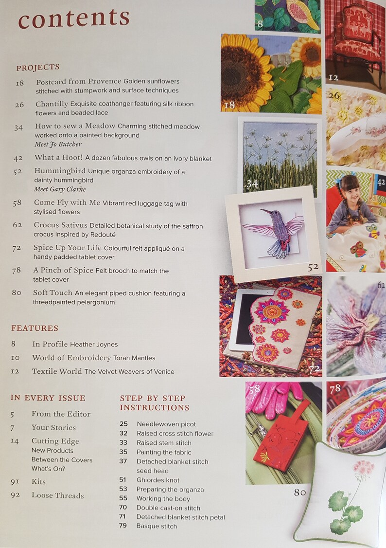 Puede incluir: Una p&aacute;gina de revista con proyectos de bordado. Las im&aacute;genes incluyen un colibr&iacute; enmarcado, un girasol, una funda para tableta con dise&ntilde;os florales y un coj&iacute;n con un motivo floral. El texto incluye t&iacute;tulos de proyectos e instrucciones.