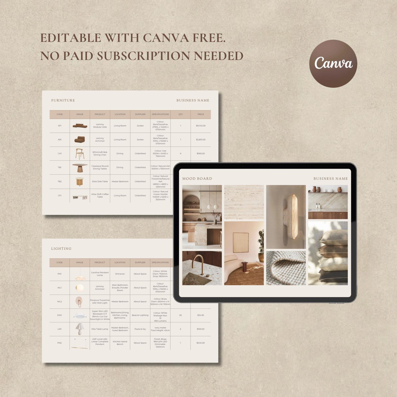 Interior Design FF&E Schedule Template: Editable Canva Mood Board ...