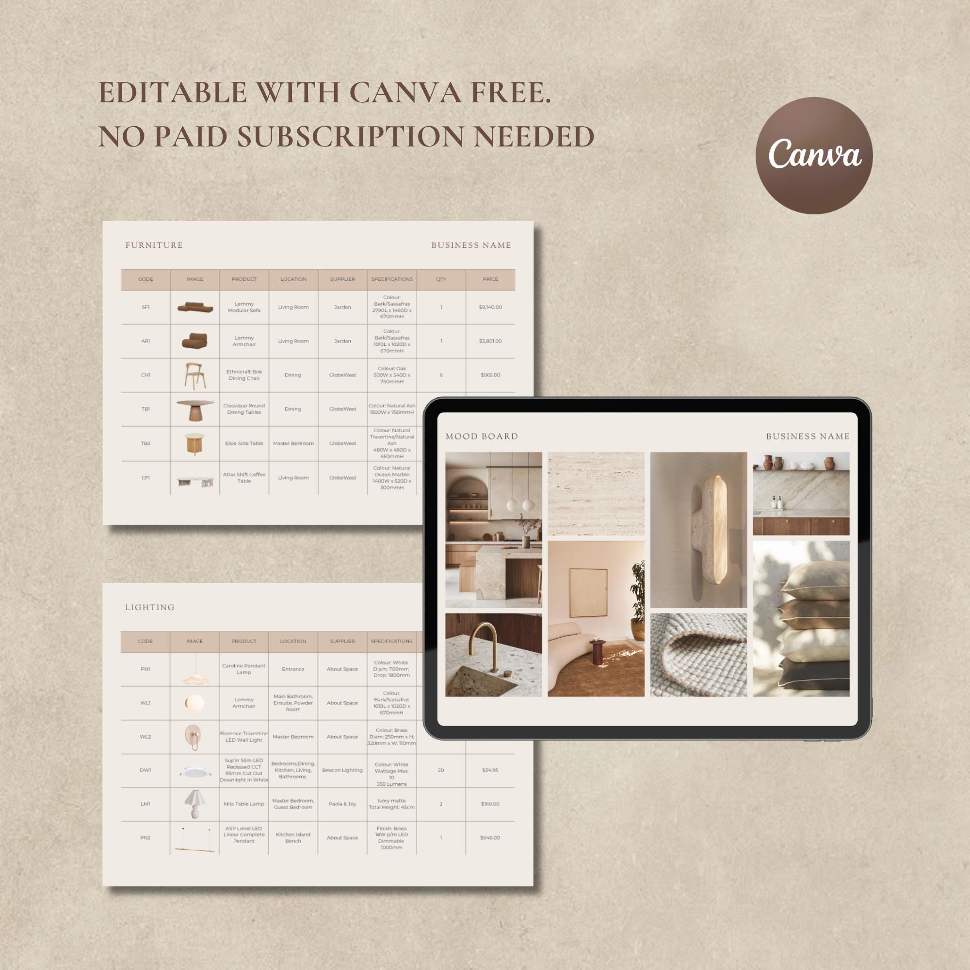 Interior Design FF&E Schedule Template: Editable Canva Mood Board ...
