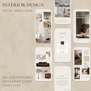 Plantillas minimalistas y terrosas para historias de Instagram para diseñadores de interiores / Paquete de redes sociales Canva para estilistas y diseñadores