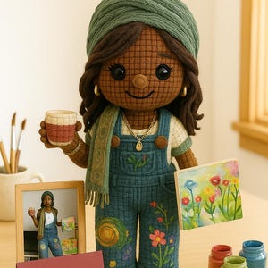 May include: A handcrafted doll wearing denim overalls, a green scarf, and a matching hat, holding a small painting of flowers and a mug. The doll has brown skin, dark hair, and gold hoop earrings. A card that says "Congratulations" is in front of the doll.