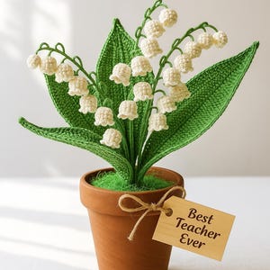 May include: A handcrafted crochet lily of the valley plant in a terracotta pot. The plant features white bell-shaped flowers, green leaves, and a tag that reads "Best Teacher Ever."
