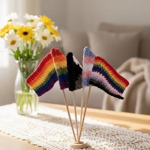 Könnte beinhalten: Eine Präsentation von fünf kleinen, gehäkelten Flaggen auf Holzstäben. Die Flaggen zeigen Regenbogen-, Transgender- und andere LGBTQ+-Pride-Flaggen-Designs. Die Flaggen sind in einem Holzsockel auf einem Tisch angeordnet, mit einer Vase mit Blumen im Hintergrund.