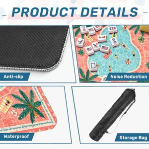 May include: A rectangular mahjong mat featuring a pool scene with palm trees and floating tiles. The mat has an anti-slip black rubber backing, a waterproof surface for noise reduction, and comes with a black cylindrical storage bag with a strap.