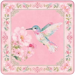 May include: A square decorative print featuring a central hummingbird in shades of blue, pink, and white, hovering near a cluster of light pink flowers. The design is framed by a border of pink blossoms, green leaves, and gold geometric corners.