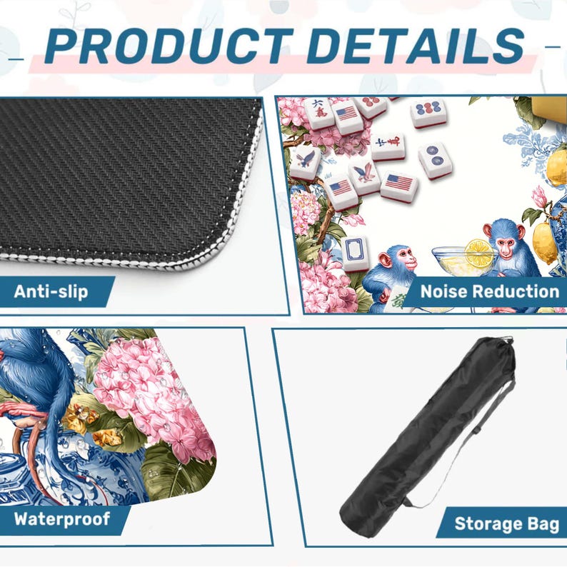 May include: Image showcasing product details, including an anti-slip surface, noise reduction, waterproof feature, and a storage bag. The image features a close-up of a black surface with white stitching, a floral design, and a black storage bag.