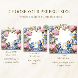 May include: Square decorative table mats with a blue and white floral design, featuring pink hydrangeas, lemons, and blue monkeys. Available in small (20.9 x 20.9 inches), medium (31.5 x 31.5 inches), and large (33 x 33 inches) sizes.