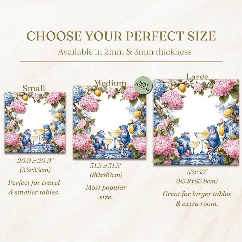 May include: Square decorative table mats with a blue and white floral design, featuring pink hydrangeas, lemons, and blue monkeys. Available in small (20.9 x 20.9 inches), medium (31.5 x 31.5 inches), and large (33 x 33 inches) sizes.