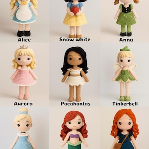 May include: A collection of nine crocheted dolls, each representing a different princess. The dolls have detailed features, including various hairstyles, dresses, and accessories. The names of the princesses, such as Alice, Snow White, and Cinderella, are written below each doll.