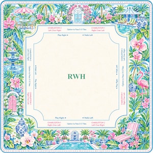 May include: A square mahjong mat featuring a tropical garden border with pink flamingos, orchids, palm trees, fountains, and pools. The center is cream-colored with the letters RWH and game instructions including Charleston and play directions.