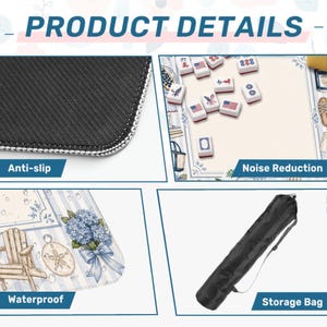 May include: Product details image showing an anti-slip mat, a noise reduction surface, and a waterproof design. The image also shows a storage bag. The mat has a blue and white floral design with a beach chair and hydrangea.