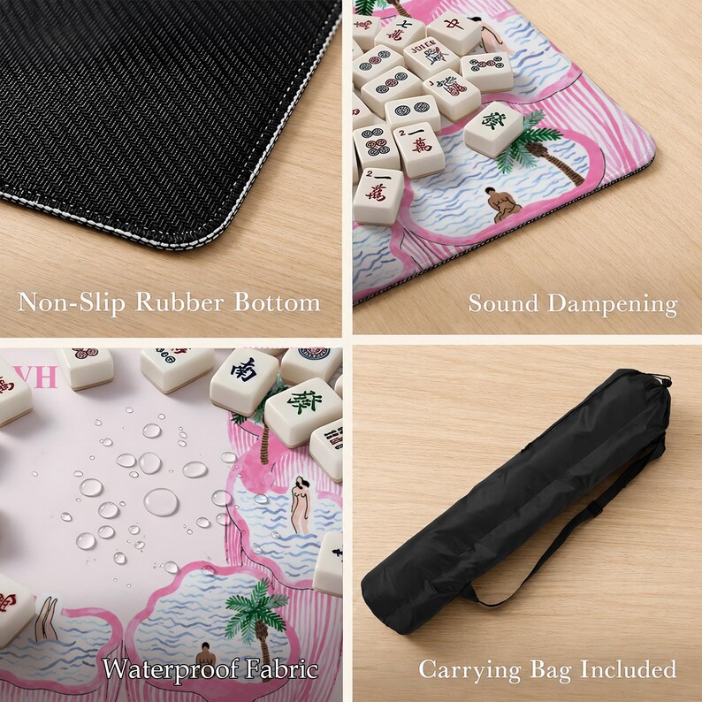 May include: A mahjong mat featuring a pink and white tropical pool scene with palm trees and figures, a non-slip black rubber bottom, sound-dampening material, waterproof fabric surface, and a black carrying bag with a shoulder strap.