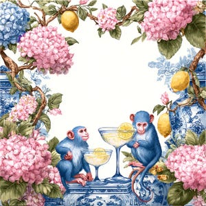 May include: A whimsical illustration featuring two blue monkeys with pink faces, enjoying cocktails with lemon slices. The scene is framed by pink and blue hydrangeas, lemons, and branches, set against a white background with blue and white porcelain accents.