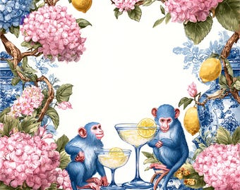 Chinoiserie Monkey Mahjong Mat, Blue Lemon Hydrangea Game Cover, Preppy Table Gift