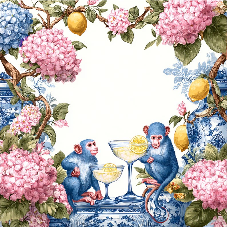 May include: A whimsical illustration featuring two blue monkeys with pink faces, enjoying cocktails with lemon slices. The scene is framed by pink and blue hydrangeas, lemons, and branches, set against a white background with blue and white porcelain accents.