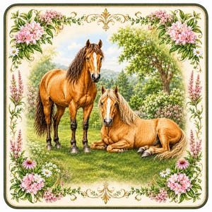 May include: A square decorative panel featuring two brown horses in a grassy meadow. One horse stands while the other rests on the ground. The scene is framed by a border of pink flowers, green leaves, and white daisies against a cream background.