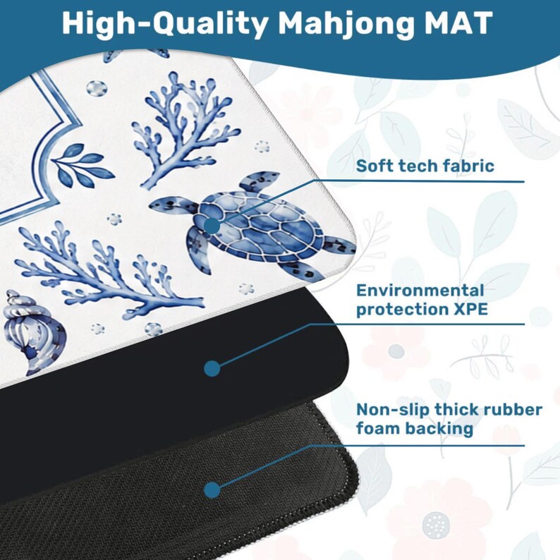 Puede incluir: Una esterilla de Mahjong de alta calidad con una superficie blanca con corales azules, una tortuga marina y un dise&ntilde;o de concha. La esterilla tiene una tela t&eacute;cnica suave, protecci&oacute;n ambiental XPE y un respaldo de espuma de goma gruesa antideslizante.