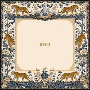 May include: Square scarf with a cream background and a border featuring tigers, bamboo, and floral elements in navy blue, gold, and cream. The centre has the letters "RWH" in gold.