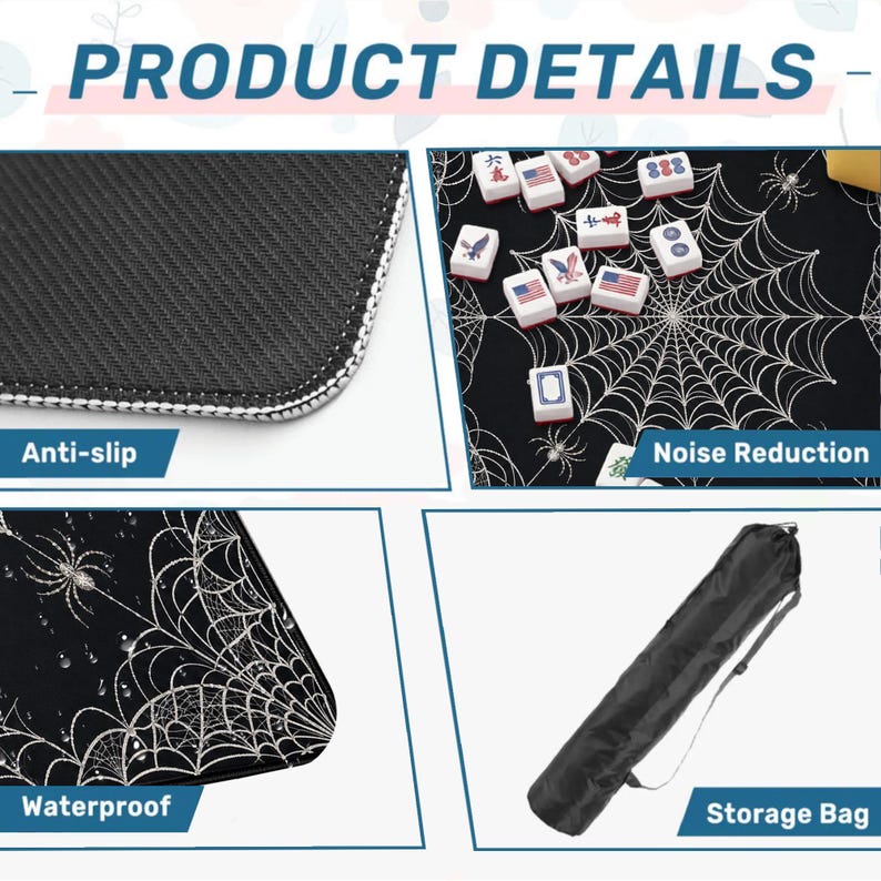 May include: A black mahjong mat featuring a white spider web pattern, an anti-slip textured underside, and noise reduction properties. The set includes a black cylindrical storage bag with a shoulder strap. The mat surface is waterproof.