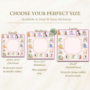 May include: Pink placemats with a dog and chair pattern, available in three sizes: 20.9 x 20.9 inches, 31.5 x 31.5 inches, and 33 x 33 inches. The text reads "Choose Your Perfect Size".