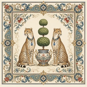 May include: A square decorative print featuring two cheetahs with blue collars and tassels flanking a central topiary in a patterned ceramic urn. The scene is enclosed by an ornate border of blue, gold, and red floral scrollwork on a cream background.