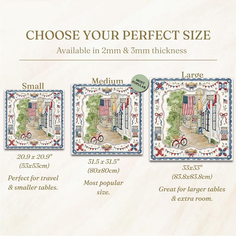 May include: Square placemats with a patriotic design, showing a street scene with American flags, a red bicycle, and decorative borders. Available in three sizes: 53x53cm, 80x80cm, and 83.8x83.8cm. The text reads "CHOOSE YOUR PERFECT SIZE".