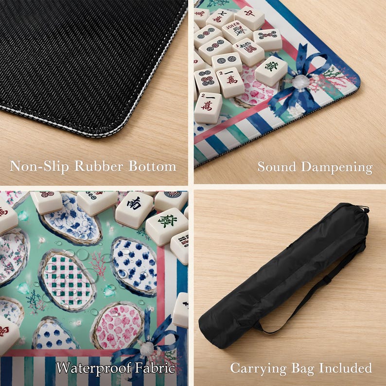 May include: A rectangular mahjong mat featuring a teal surface with oyster shell illustrations, a blue ribbon, and striped borders. It includes a non-slip rubber bottom, sound dampening properties, waterproof fabric, and a black carrying bag.