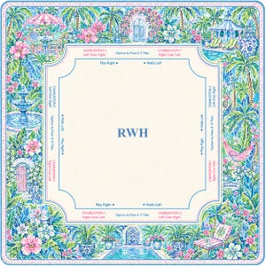 May include: A square mahjong mat featuring a cream center with the blue monogram RWH. The border displays a vibrant tropical garden scene with palm trees, pink flowers, a fountain, a swimming pool, and text indicating Charleston game rules.