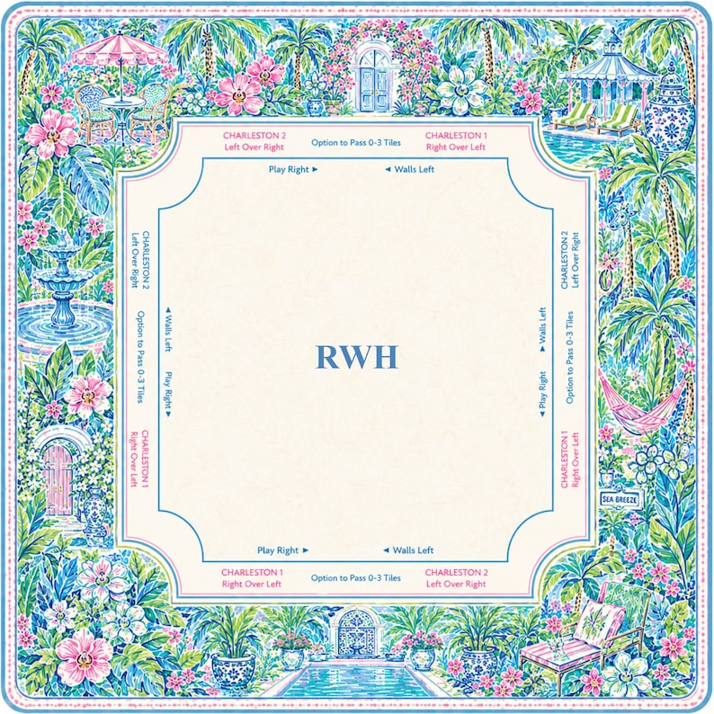 May include: A square mahjong mat featuring a cream center with the blue monogram RWH. The border displays a vibrant tropical garden scene with palm trees, pink flowers, a fountain, a swimming pool, and text indicating Charleston game rules.