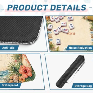 K&ouml;nnte beinhalten: Produktbild mit Details: rutschfeste Oberfl&auml;che, Mahjong-Spiel mit Spielsteinen, wasserdichtes Design mit tropischer Strandszene und Aufbewahrungstasche. Die Mahjong-Steine haben amerikanische Flaggenmuster.