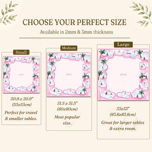 May include: A size guide for square mats featuring a pink border with palm trees and people in pools. Three sizes are shown: Small at 20.9 x 20.9 inches, Medium at 31.5 x 31.5 inches, and Large at 33 x 33 inches. Text includes CHOOSE YOUR PERFECT SIZE.