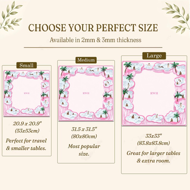 May include: A size guide for square mats featuring a pink border with palm trees and people in pools. Three sizes are shown: Small at 20.9 x 20.9 inches, Medium at 31.5 x 31.5 inches, and Large at 33 x 33 inches. Text includes CHOOSE YOUR PERFECT SIZE.