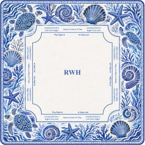 May include: A square Mahjong mat featuring a blue and white nautical border with illustrations of sea turtles, seashells, starfish, and coral. The centre area includes game instructions and the letters RWH printed in blue on a white background.