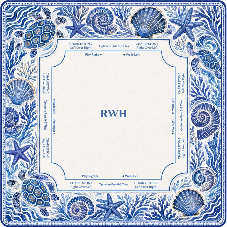 May include: A square Mahjong mat featuring a blue and white nautical border with illustrations of sea turtles, seashells, starfish, and coral. The center area includes game instructions and the letters RWH printed in blue on a white background.