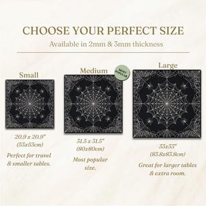 May include: Three square black mats with a white spiderweb and spider pattern, labelled Small, Medium, and Large. Sizes are 53x53cm, 80x80cm, and 83.8x83.8cm. Text includes CHOOSE YOUR PERFECT SIZE and 2mm & 3mm thickness options for the mats.