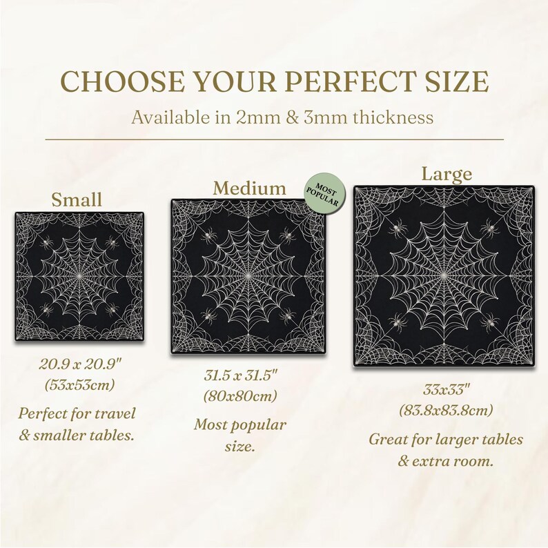 May include: Three square black mats with a white spiderweb and spider pattern, labelled Small, Medium, and Large. Sizes are 53x53cm, 80x80cm, and 83.8x83.8cm. Text includes CHOOSE YOUR PERFECT SIZE and 2mm & 3mm thickness options for the mats.