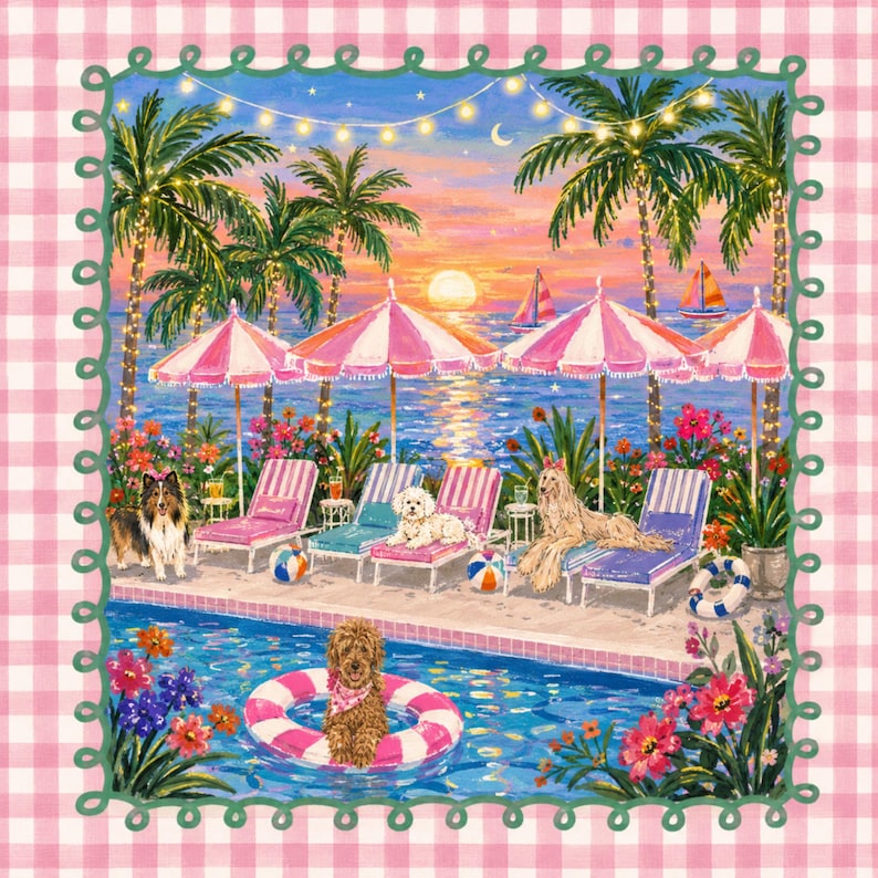 May include: A colourful illustration of a beach scene with dogs relaxing by a pool. Pink and white striped parasols shade sun loungers. Palm trees, sailboats, and a sunset sky complete the idyllic setting. The image is framed with a pink gingham border.