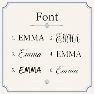 May include: A cream-colored graphic with the word "Font" at the top, and the name "EMMA" in six different fonts below. The image has a blue border and decorative elements.