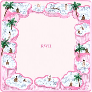May include: A square scarf featuring a pink border and a central light pink field with the letters RWH in the middle. The border consists of interconnected pink pools filled with blue water, palm trees, and various figures swimming or relaxing.