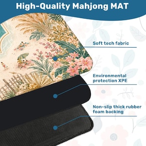 Puede incluir: Una alfombrilla de Mahjong de alta calidad con un dise&ntilde;o de escena de playa con personas, flores y follaje. La alfombrilla tiene una tela t&eacute;cnica suave, protecci&oacute;n ambiental XPE y un respaldo de espuma de goma gruesa antideslizante.